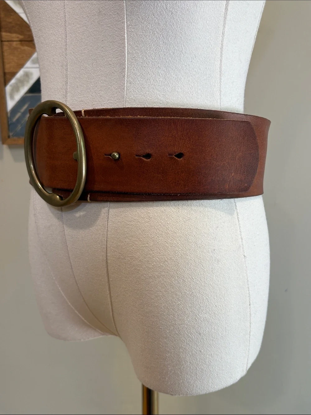 Vintage Ralph Lauren 80s Wide Brown Leather Belt with Round Brass Buckle Small - Picture 2 of 14